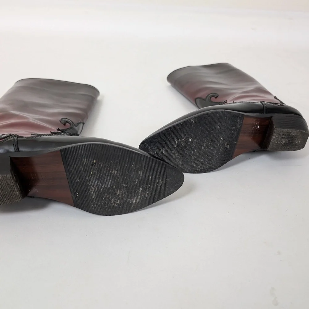 Pleather Ombre Boots Western Faux Leather PVC Round Toe Maroon Burgundy - Picture 8 of 10